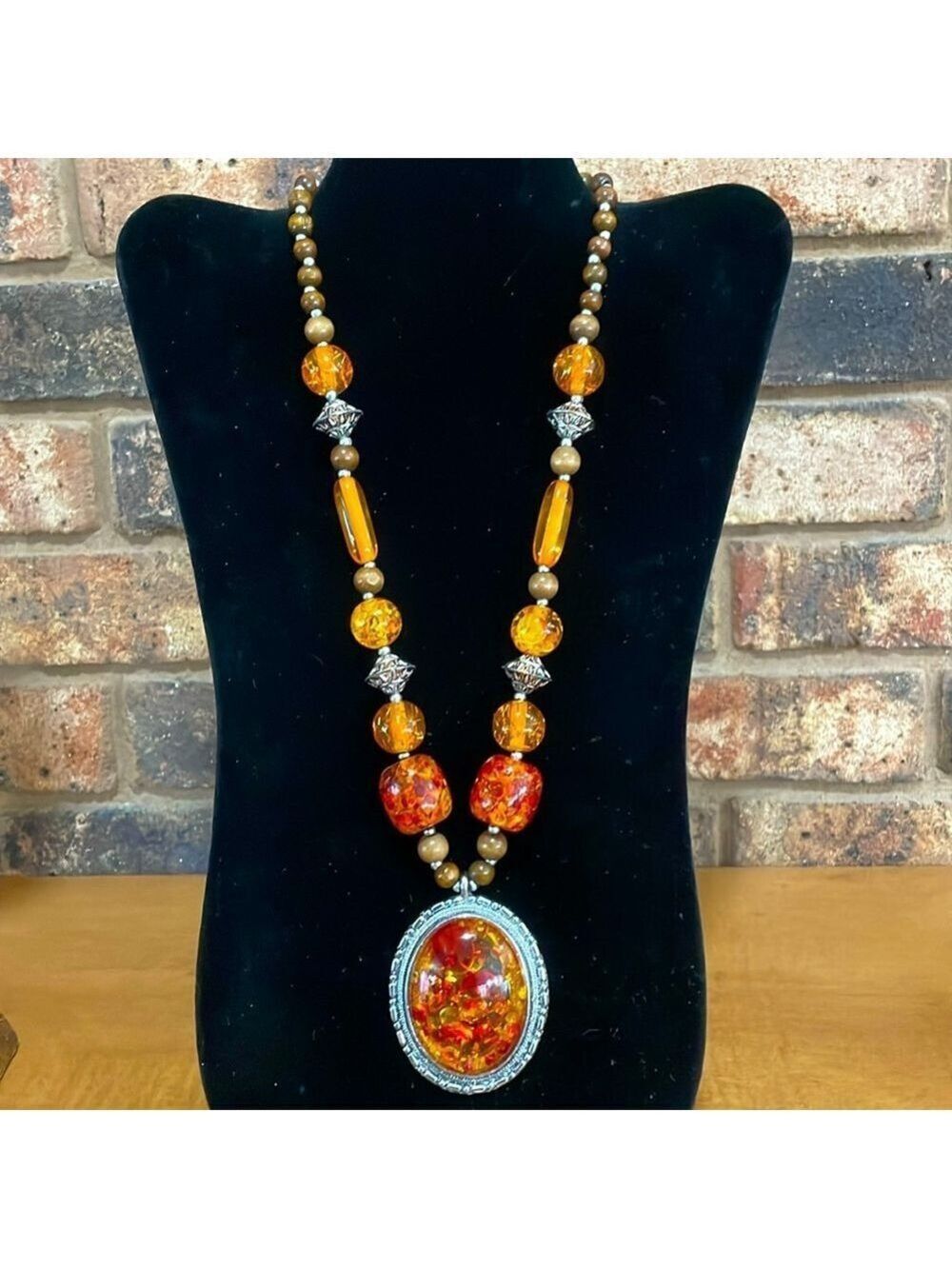Vintage faux Amber Pendant and beaded statement  necklace